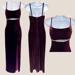 Y2K Whimsigoth Velvet Maxi Dress Size S Burgundy Prom Bling Vamp Fairy Romantic